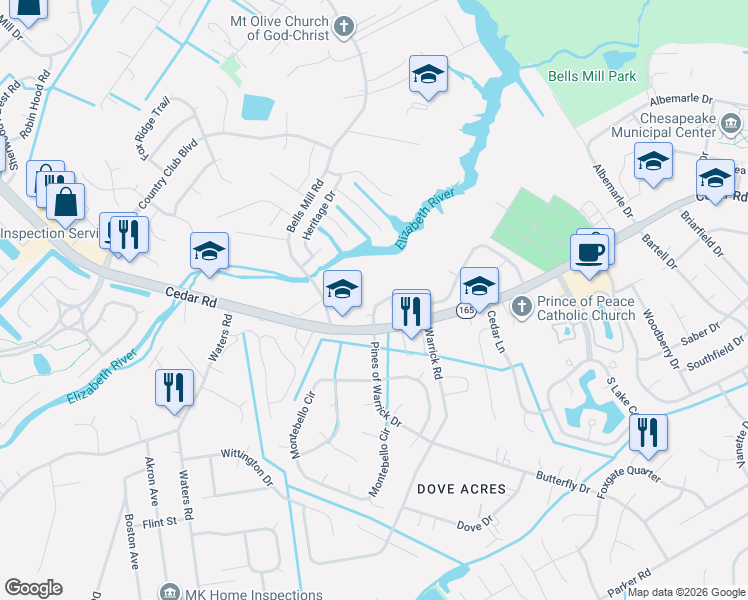 map of restaurants, bars, coffee shops, grocery stores, and more near 816 Mill Landing Road in Chesapeake