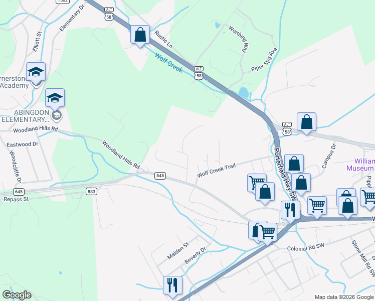map of restaurants, bars, coffee shops, grocery stores, and more near 522-546 Cherry Hill Drive in Abingdon