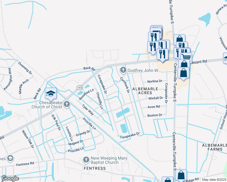 map of restaurants, bars, coffee shops, grocery stores, and more near 1308 Roanoke Arch in Chesapeake