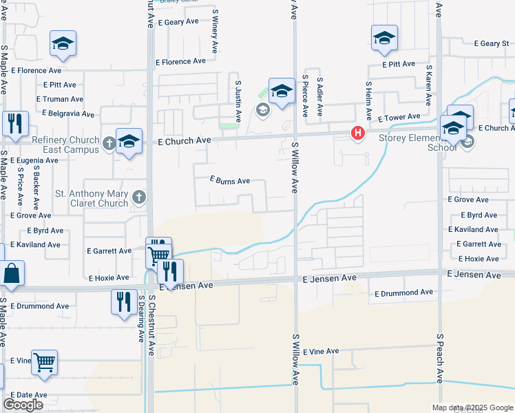 map of restaurants, bars, coffee shops, grocery stores, and more near 2497 South Roughrider Avenue in Fresno