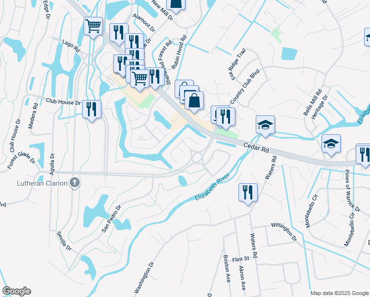 map of restaurants, bars, coffee shops, grocery stores, and more near 1216 San Roman Ct in Chesapeake