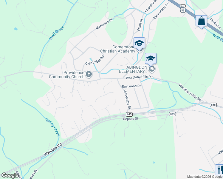map of restaurants, bars, coffee shops, grocery stores, and more near 19271 Landfall Court in Abingdon