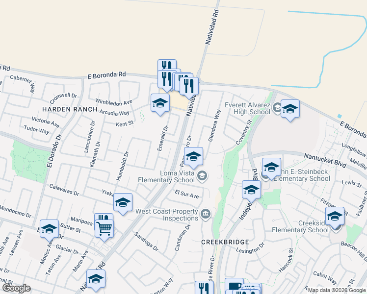 map of restaurants, bars, coffee shops, grocery stores, and more near 1811 Pescadero Dr in Salinas