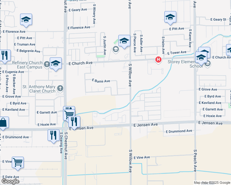 map of restaurants, bars, coffee shops, grocery stores, and more near 2497 South Roughrider Avenue in Fresno