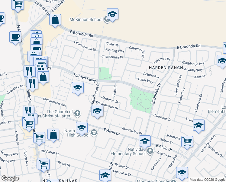 map of restaurants, bars, coffee shops, grocery stores, and more near 21 Harrod Circle in Salinas
