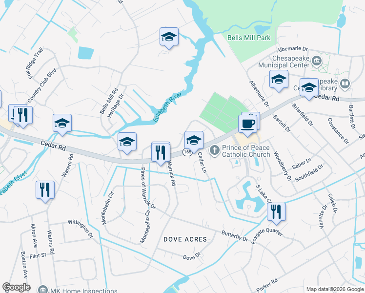 map of restaurants, bars, coffee shops, grocery stores, and more near 640 Virginia 165 in Chesapeake