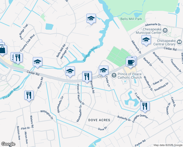 map of restaurants, bars, coffee shops, grocery stores, and more near 708 Mill Landing Road in Chesapeake