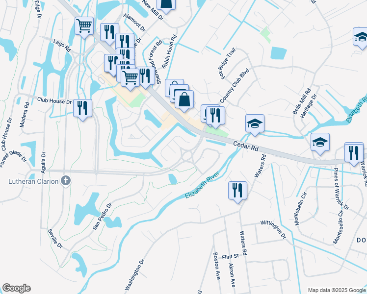 map of restaurants, bars, coffee shops, grocery stores, and more near 305 San Roman Drive in Chesapeake