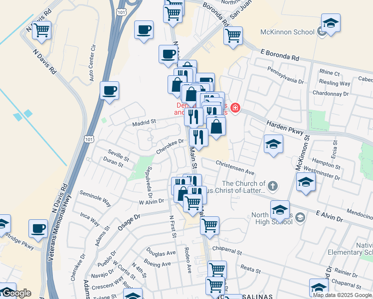 map of restaurants, bars, coffee shops, grocery stores, and more near 1880 Cherokee Drive in Salinas