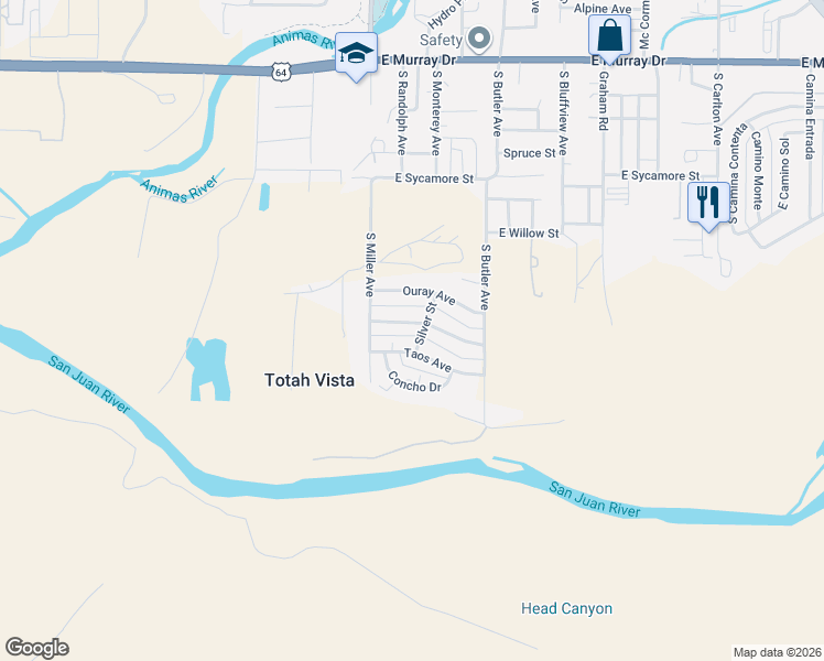map of restaurants, bars, coffee shops, grocery stores, and more near 403 Pima Avenue in Farmington