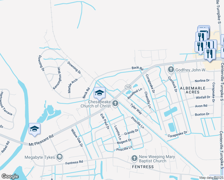 map of restaurants, bars, coffee shops, grocery stores, and more near 804 Corona Lane in Chesapeake