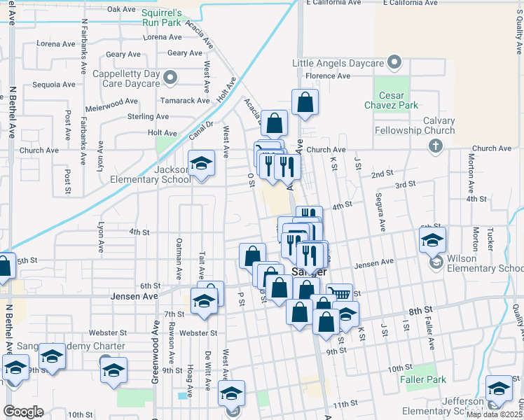 map of restaurants, bars, coffee shops, grocery stores, and more near 362 O Street in Sanger