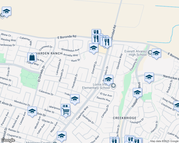 map of restaurants, bars, coffee shops, grocery stores, and more near 1780 Truckee Way in Salinas