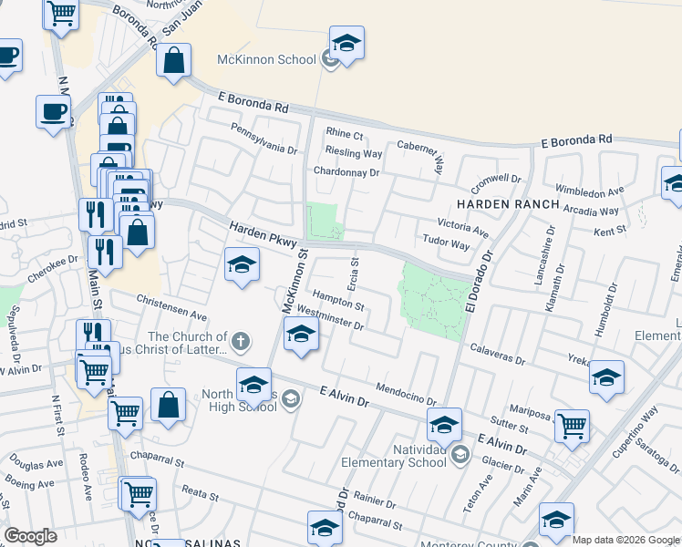map of restaurants, bars, coffee shops, grocery stores, and more near 21 Harrod Cir in Salinas