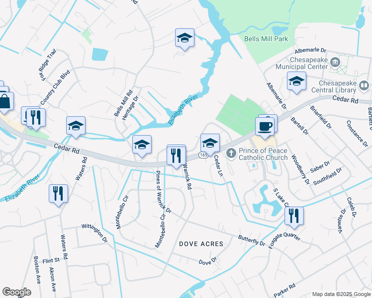 map of restaurants, bars, coffee shops, grocery stores, and more near 708 Mill Landing Road in Chesapeake