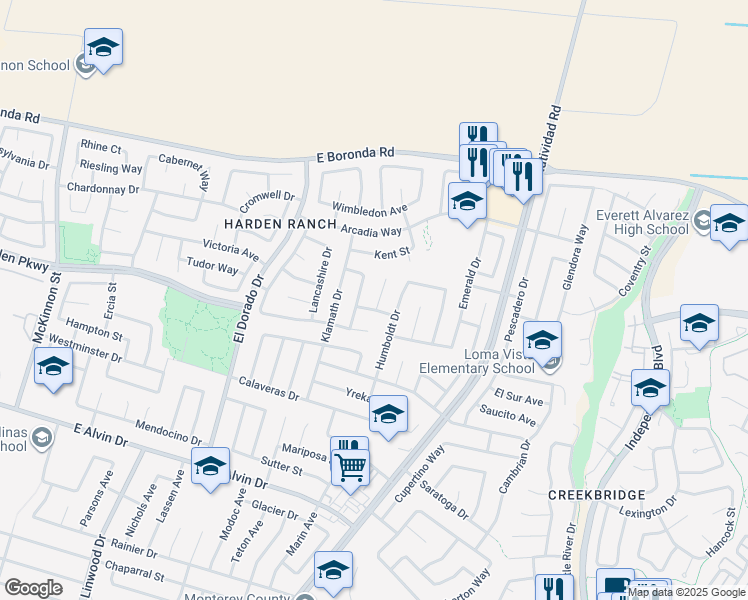 map of restaurants, bars, coffee shops, grocery stores, and more near 1765 Yosemite Circle in Salinas