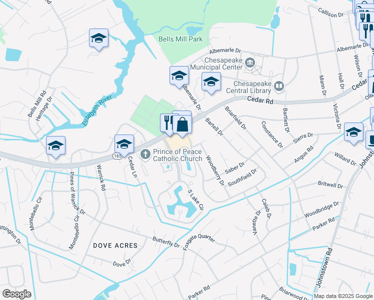 map of restaurants, bars, coffee shops, grocery stores, and more near 423 East Lake Circle in Chesapeake