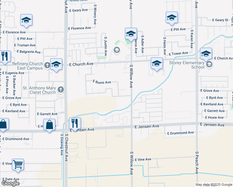 map of restaurants, bars, coffee shops, grocery stores, and more near 2497 South Roughrider Avenue in Fresno
