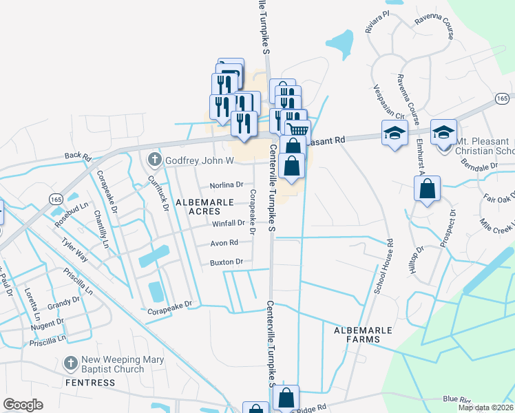 map of restaurants, bars, coffee shops, grocery stores, and more near 441 Corapeake Drive in Chesapeake