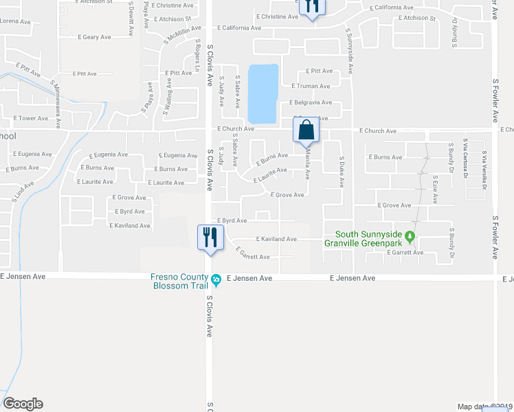 map of restaurants, bars, coffee shops, grocery stores, and more near 5665 East Atwood Avenue in Fresno