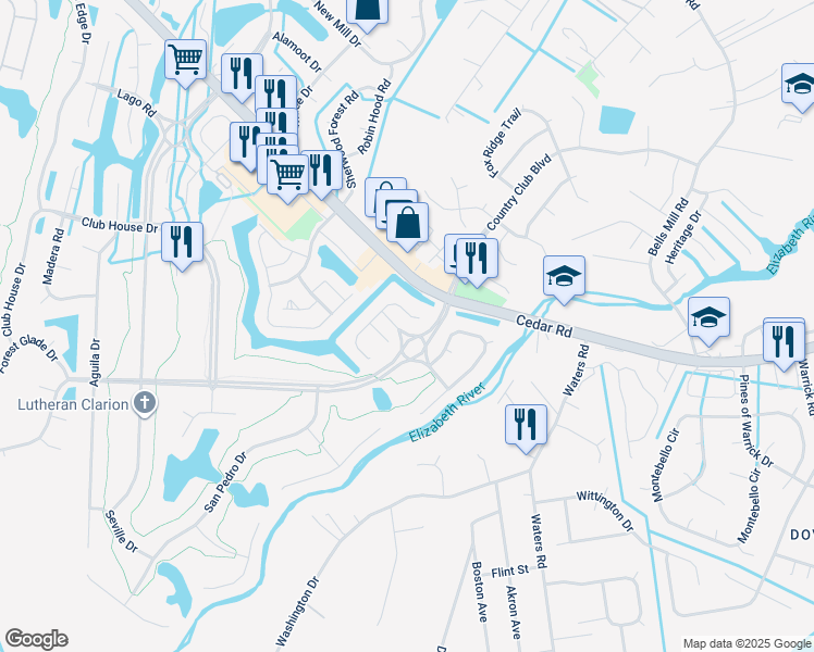 map of restaurants, bars, coffee shops, grocery stores, and more near 305 San Roman Drive in Chesapeake