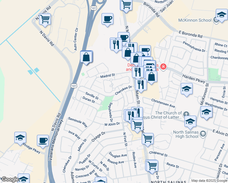 map of restaurants, bars, coffee shops, grocery stores, and more near 1879 Cherokee Drive in Salinas