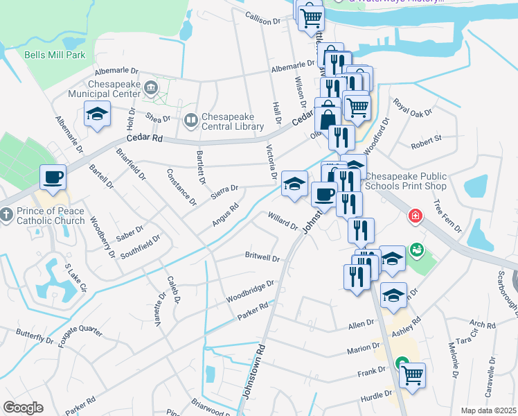 map of restaurants, bars, coffee shops, grocery stores, and more near 229 Willard Drive in Chesapeake