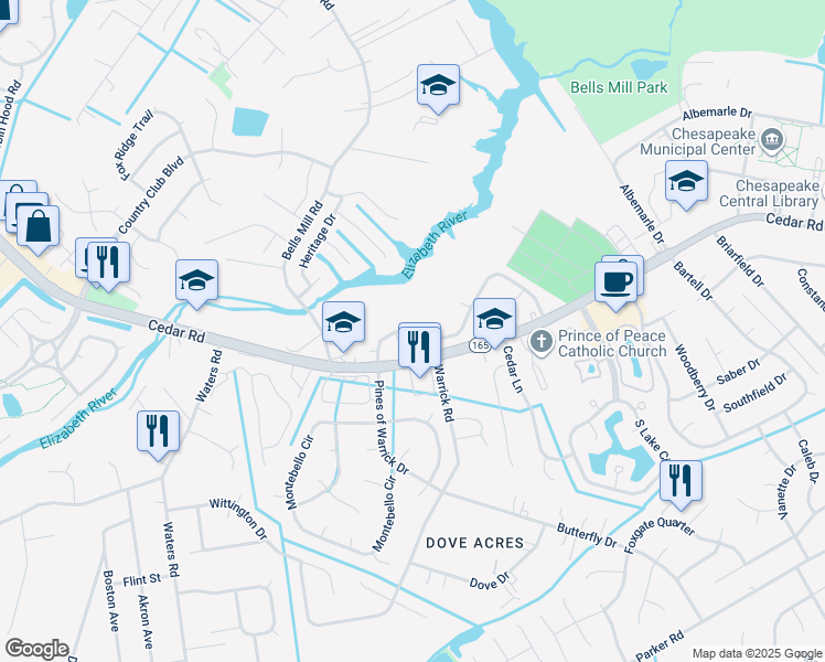 map of restaurants, bars, coffee shops, grocery stores, and more near 732 Mill Landing Road in Chesapeake