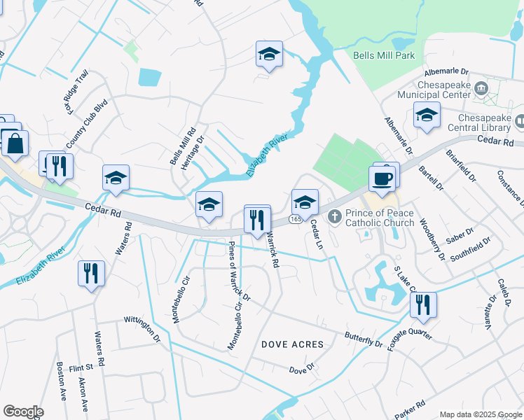 map of restaurants, bars, coffee shops, grocery stores, and more near 708 Mill Landing Road in Chesapeake