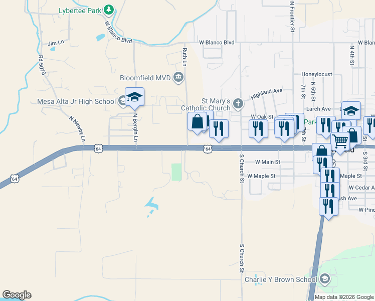 map of restaurants, bars, coffee shops, grocery stores, and more near 1501 West Broadway Avenue in Bloomfield
