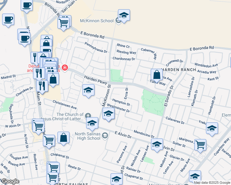 map of restaurants, bars, coffee shops, grocery stores, and more near 1613 Harrod Way in Salinas