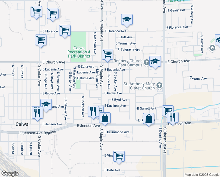 map of restaurants, bars, coffee shops, grocery stores, and more near 2485 South Price Avenue in Fresno
