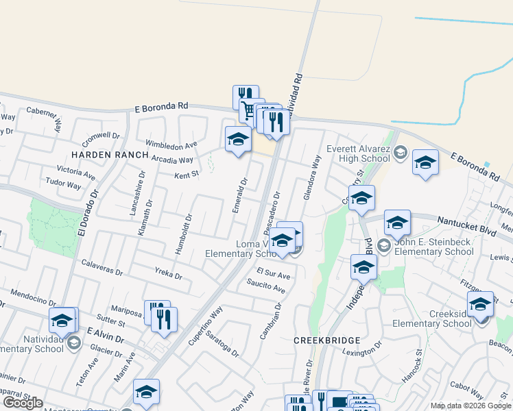 map of restaurants, bars, coffee shops, grocery stores, and more near 1791 Tahoe Drive in Salinas