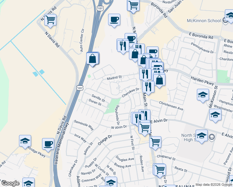 map of restaurants, bars, coffee shops, grocery stores, and more near 1877 Cherokee Drive in Salinas