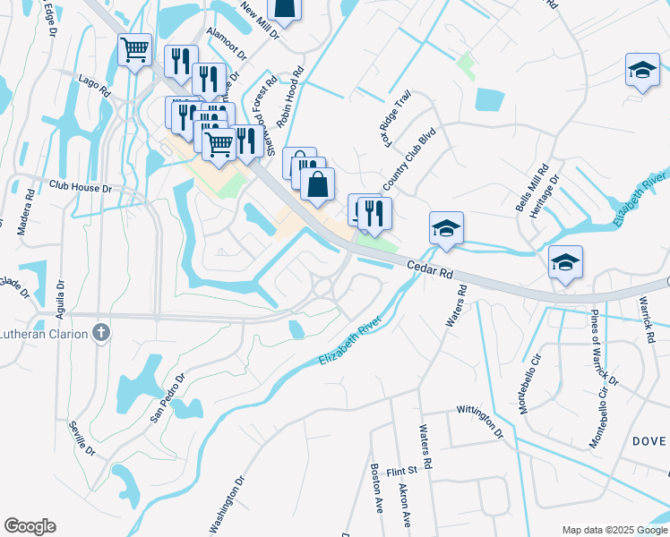 map of restaurants, bars, coffee shops, grocery stores, and more near 305 San Roman Drive in Chesapeake