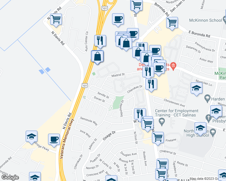 map of restaurants, bars, coffee shops, grocery stores, and more near 1744 Madrid Circle in Salinas