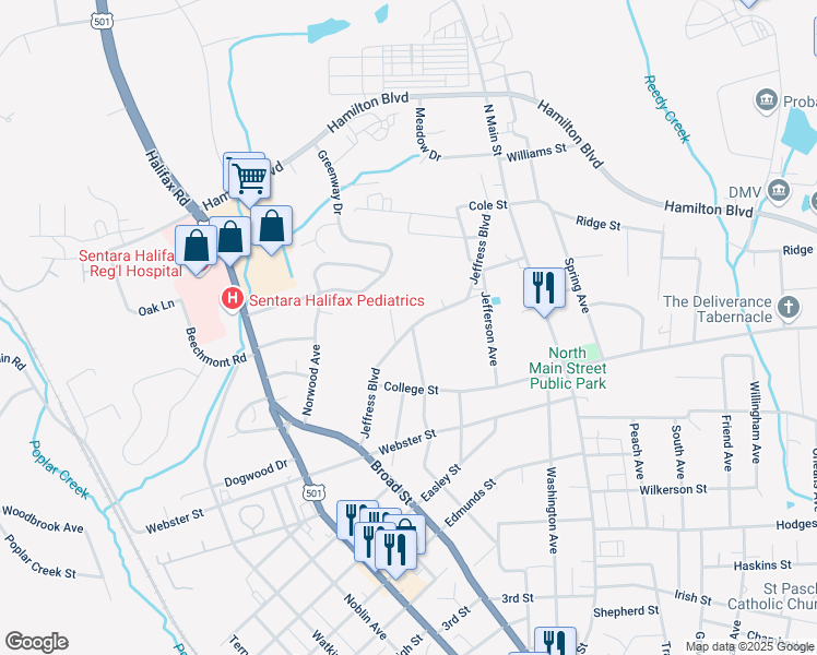 map of restaurants, bars, coffee shops, grocery stores, and more near 1892 Jeffress Boulevard in South Boston
