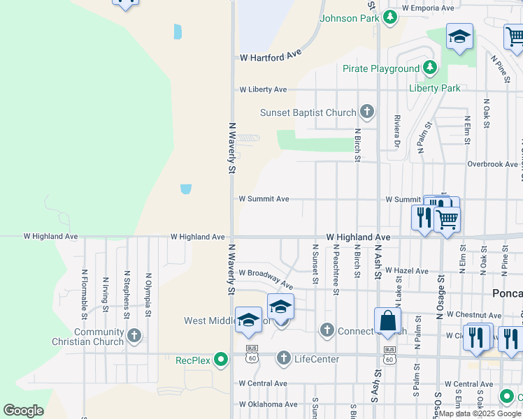map of restaurants, bars, coffee shops, grocery stores, and more near 1202 West Summit Avenue in Ponca City
