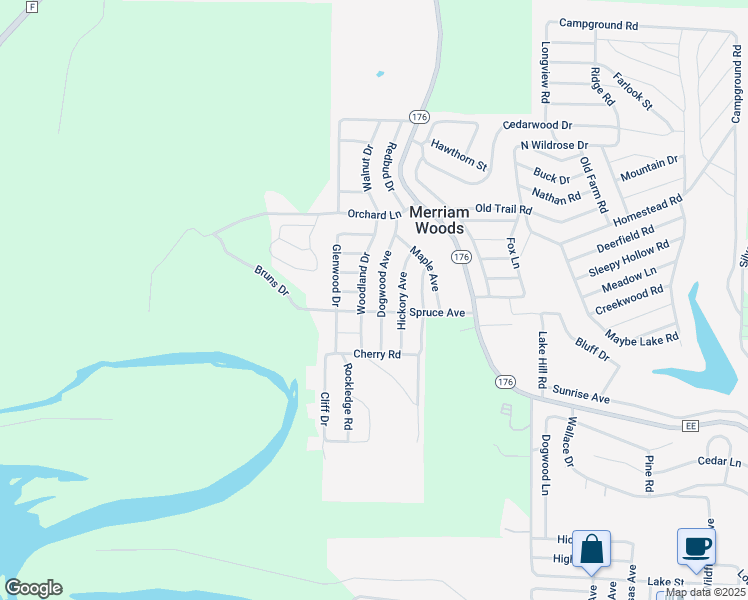 map of restaurants, bars, coffee shops, grocery stores, and more near 5020 Dogwood Avenue in Merriam Woods