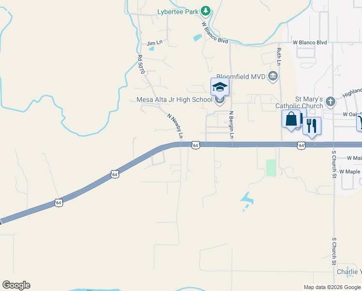 map of restaurants, bars, coffee shops, grocery stores, and more near 100 South Newby Lane in Bloomfield