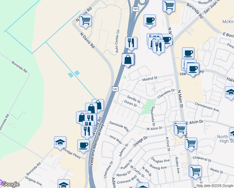 map of restaurants, bars, coffee shops, grocery stores, and more near 1639 Cherokee Drive in Salinas