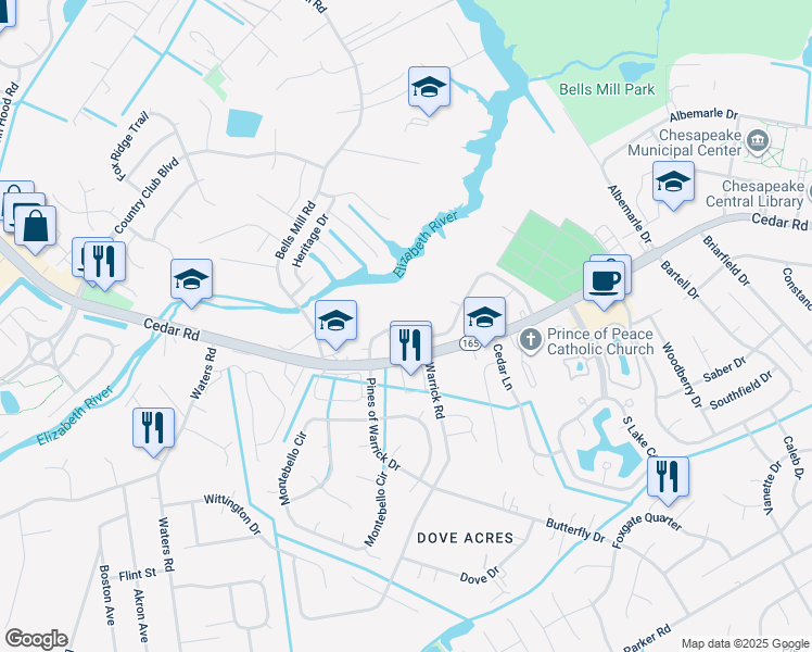 map of restaurants, bars, coffee shops, grocery stores, and more near 732 Mill Landing Road in Chesapeake