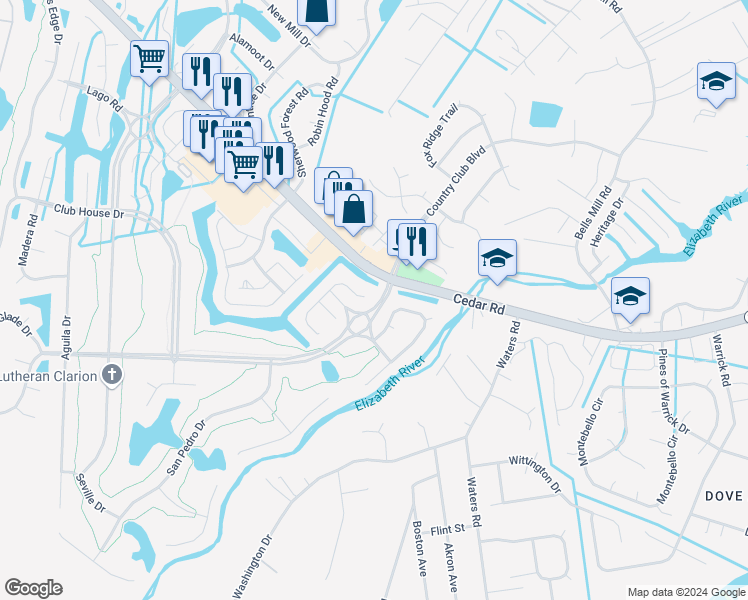 map of restaurants, bars, coffee shops, grocery stores, and more near 300 San Roman Drive in Chesapeake