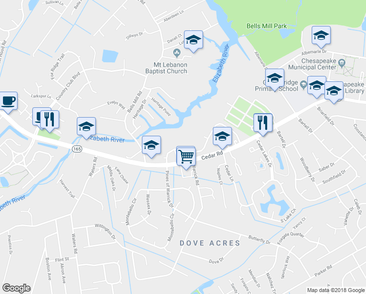 map of restaurants, bars, coffee shops, grocery stores, and more near 734 Mill Landing Road in Chesapeake