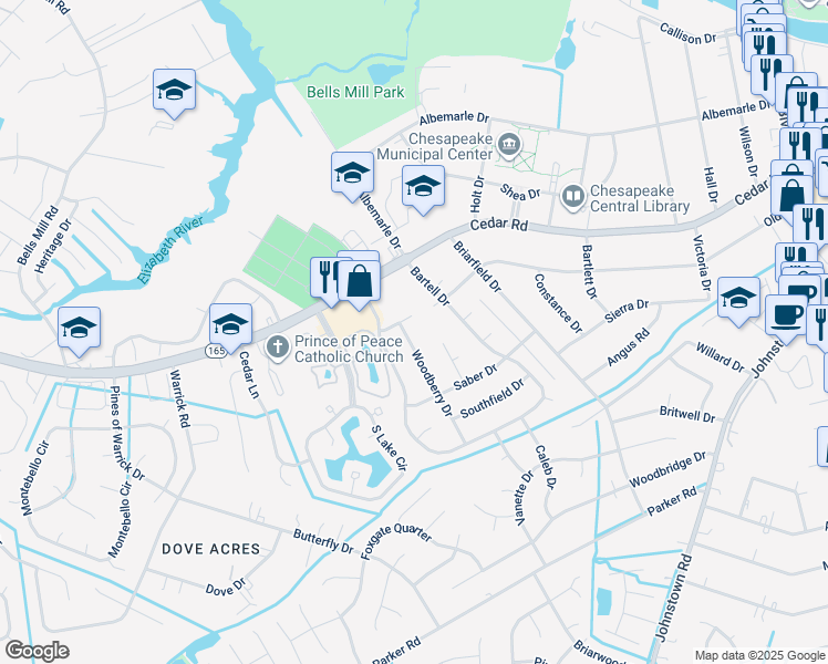 map of restaurants, bars, coffee shops, grocery stores, and more near 309 Woodberry Drive in Chesapeake