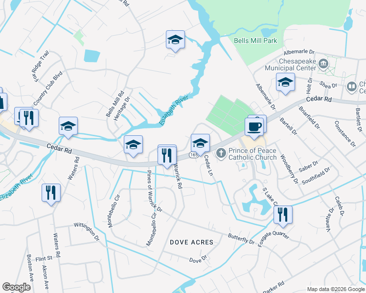 map of restaurants, bars, coffee shops, grocery stores, and more near 708 Mill Landing Road in Chesapeake