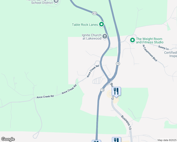 map of restaurants, bars, coffee shops, grocery stores, and more near 118 Fritts Way in Branson West