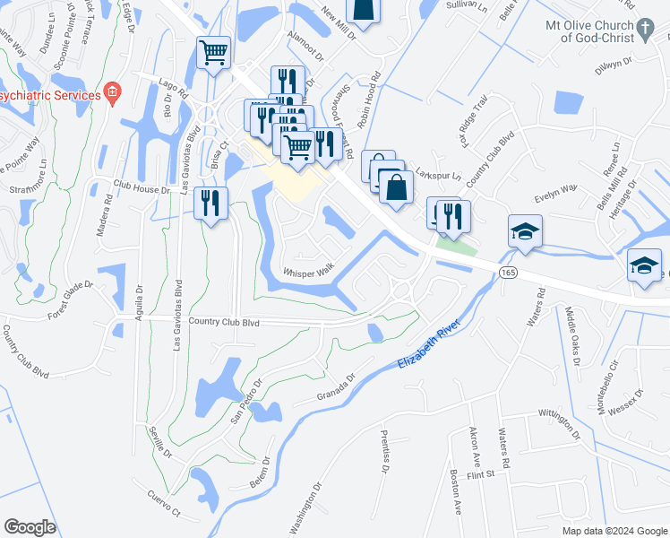 map of restaurants, bars, coffee shops, grocery stores, and more near 501 Whisper Walk in Chesapeake