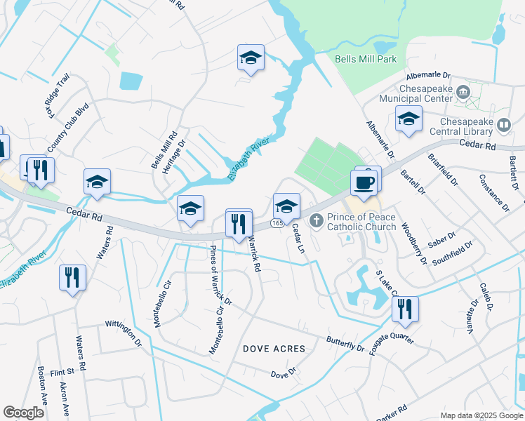 map of restaurants, bars, coffee shops, grocery stores, and more near 708 Mill Landing Road in Chesapeake
