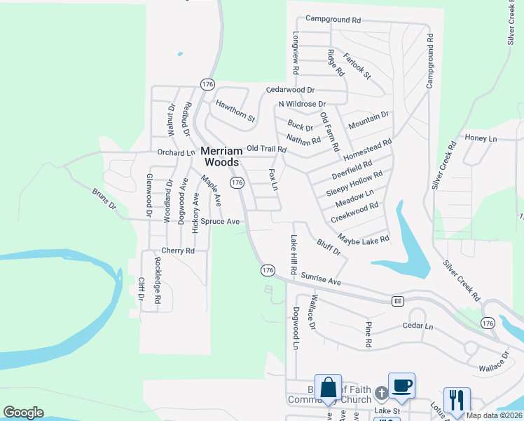 map of restaurants, bars, coffee shops, grocery stores, and more near Treetop Lane in Merriam Woods